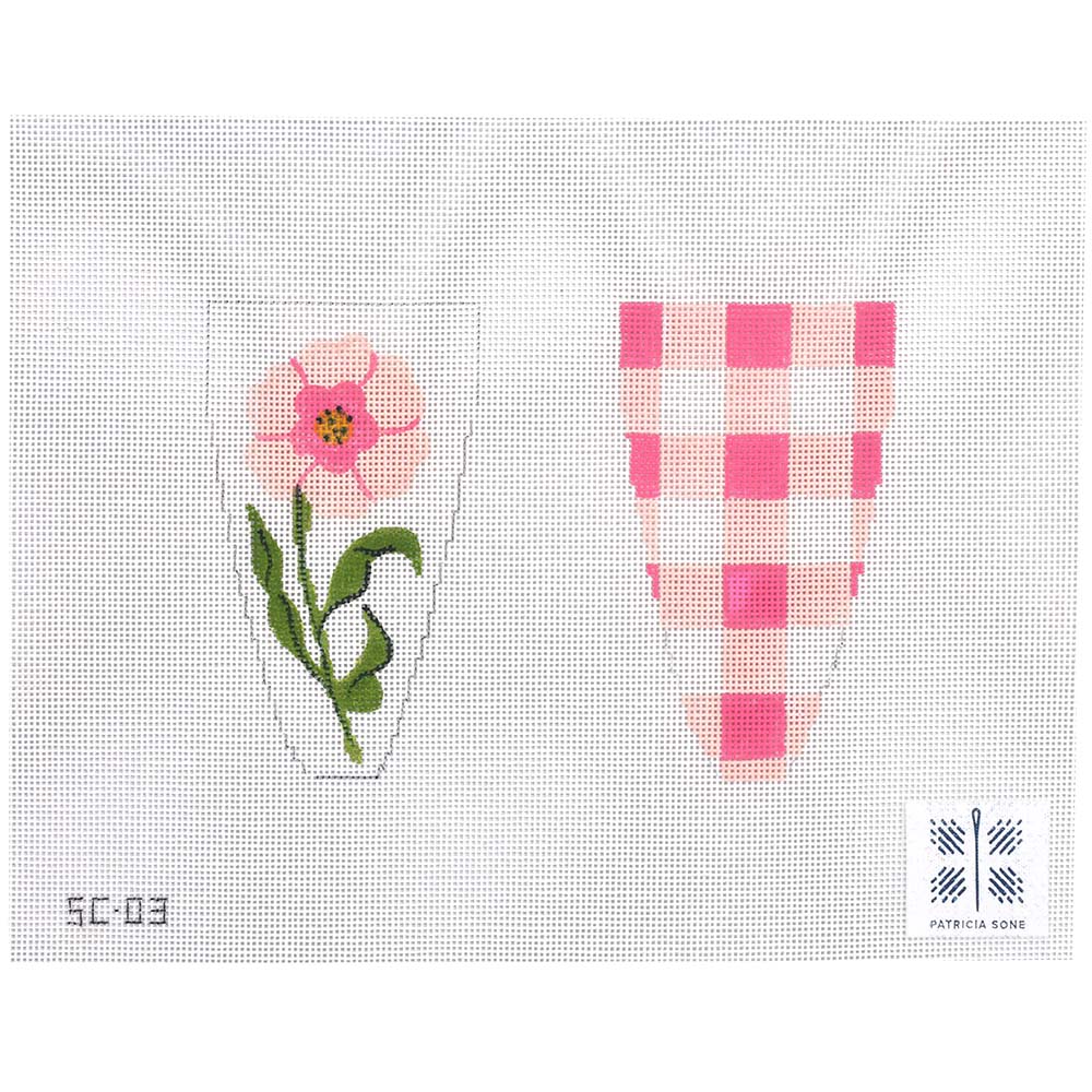 Needlepoint Canvas-SC-03-Pink gingham flower scissors case